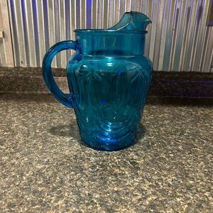 Blue vintage Anchor Hocking Colonial Tulip  Pitcher, Bohemian Kitchen Aqua Blue